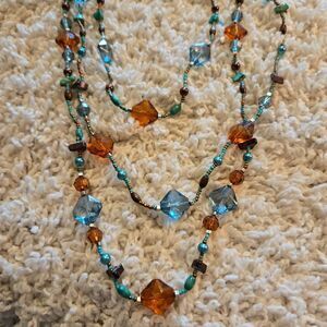 NEW 3 strand Turquoise & Amber Long Necklace Glass & Seed Bead + Earrings